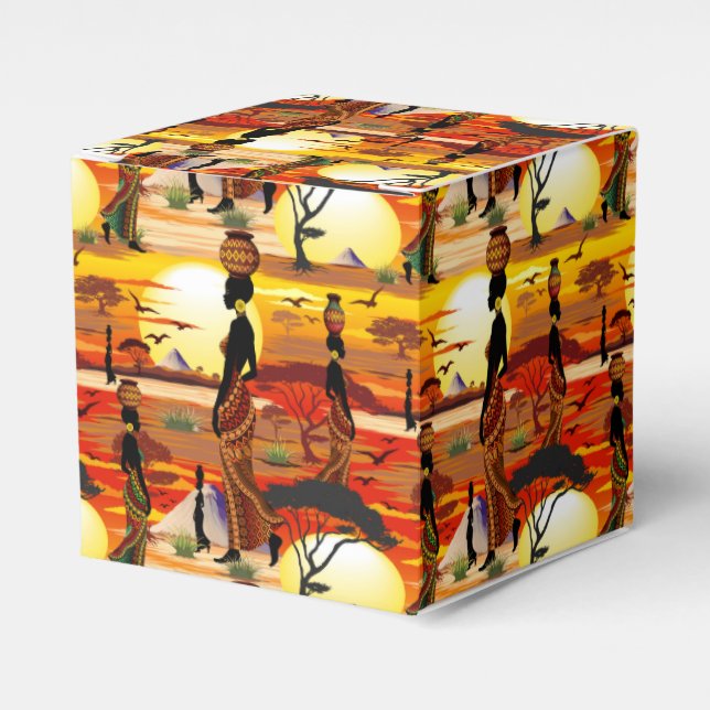 African Beautiful Woman Silhouette on African Suns Favour Box (Front Side)