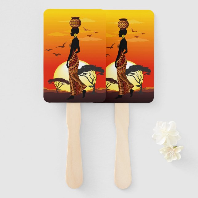 African Beautiful Woman Silhouette on African Suns Hand Fan (Front and Back)