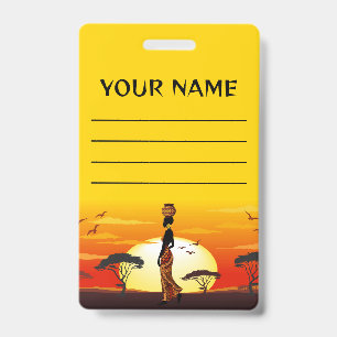 African Beautiful Woman Silhouette on African Suns ID Badge