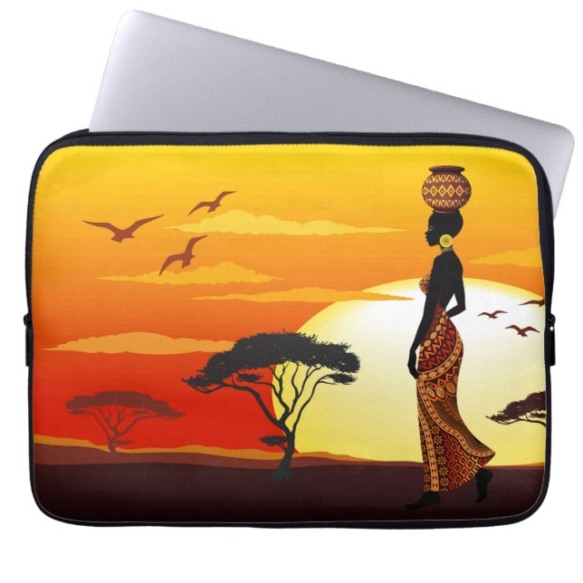African Beautiful Woman Silhouette on African Suns Laptop Sleeve (Front)