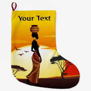 African Beautiful Woman Silhouette on African Suns Large Christmas Stocking