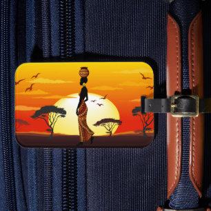 African Beautiful Woman Silhouette on African Suns Luggage Tag