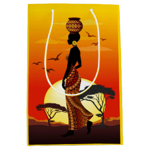 African Beautiful Woman Silhouette on African Suns Medium Gift Bag