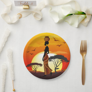 African Beautiful Woman Silhouette on African Suns Paper Plate