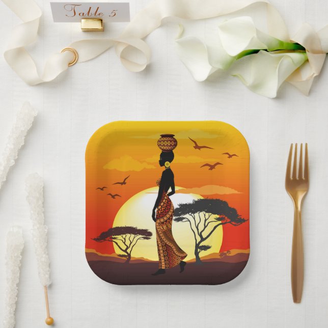 African Beautiful Woman Silhouette on African Suns Paper Plate (Wedding)