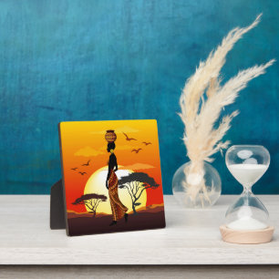 African Beautiful Woman Silhouette on African Suns Plaque