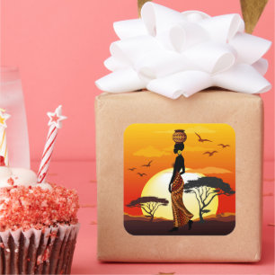 African Beautiful Woman Silhouette on African Suns Square Sticker