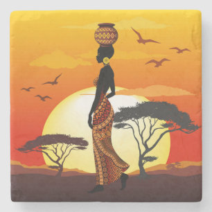 African Beautiful Woman Silhouette on African Suns Stone Coaster