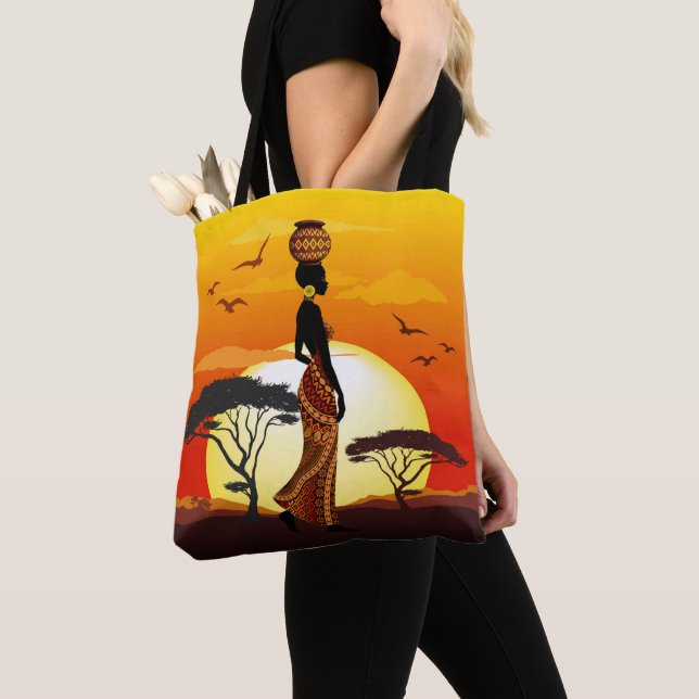 African Beautiful Woman Silhouette on African Suns Tote Bag (Close Up)