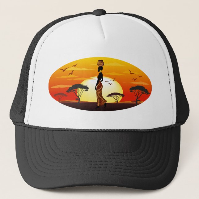 African Beautiful Woman Silhouette on African Suns Trucker Hat (Front)