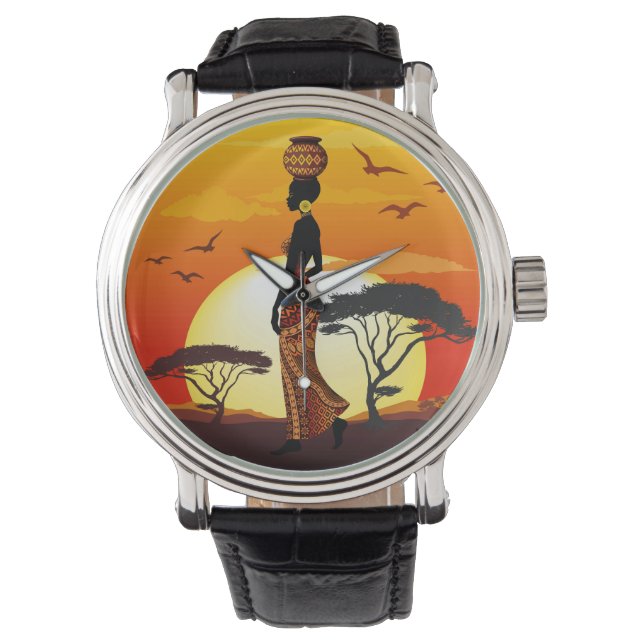 African Beautiful Woman Silhouette on African Suns Watch (Front)