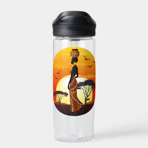 African Beautiful Woman Silhouette on African Suns Water Bottle