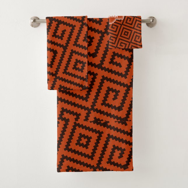 African Black Orange Minimal Pattern Bath Towel Set (Insitu)
