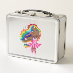 African Black Unicorn Girl Ballerina Dancing Gift Metal Lunch Box