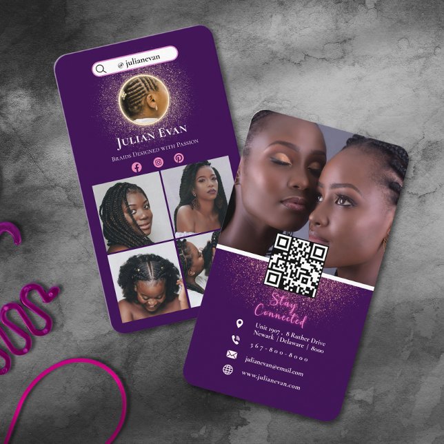 African Braid Hairstylist Purple & Glitter Gold Business Card (African Braid Hairstylist Purple & Glitter Gold Business Card )