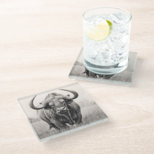 African Buffalo Pencil Drawing   Glass Coaster