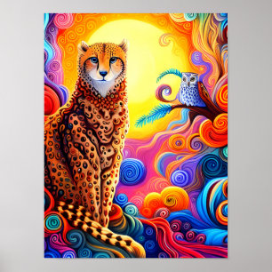 African Cheetah and Owl with Sun in Colored Swirls Poster