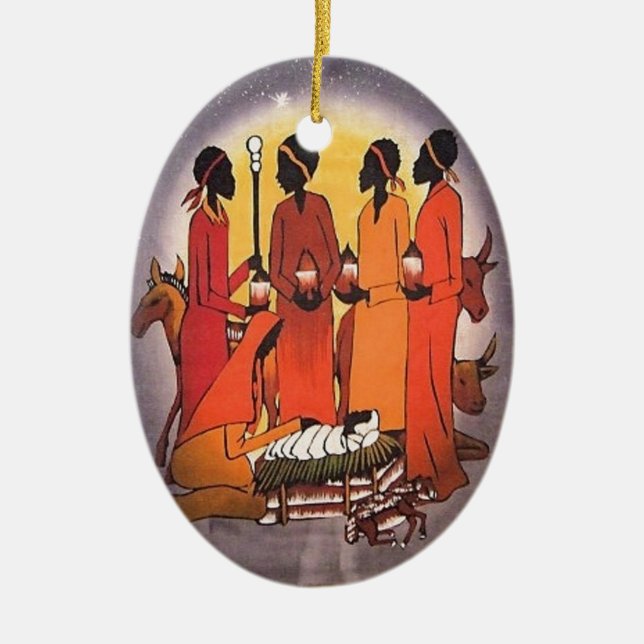 African Christmas Nativity Scene Ceramic Tree Decoration (Front)
