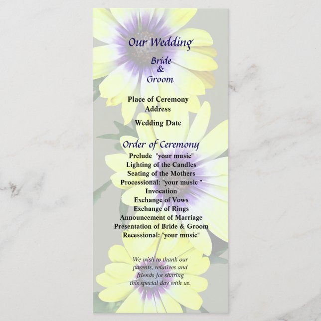 African Daisies Lemon Symphony Wedding Program Programme (Front)