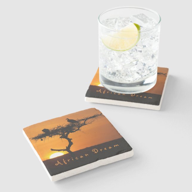 African Dream sunset romantic photo with text Stone Coaster (Side)