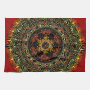 African Dusk Mandala Kitchen Tea towel (red)