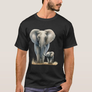 African Elephant and Baby in Watercolor T-Shirt