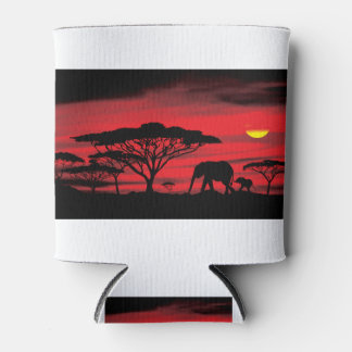 African Elephant and Baby with Red Sunset Can Cooler