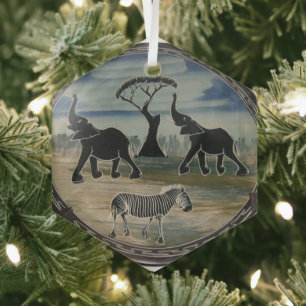 African Elephant Art Print Glass Tree Decoration