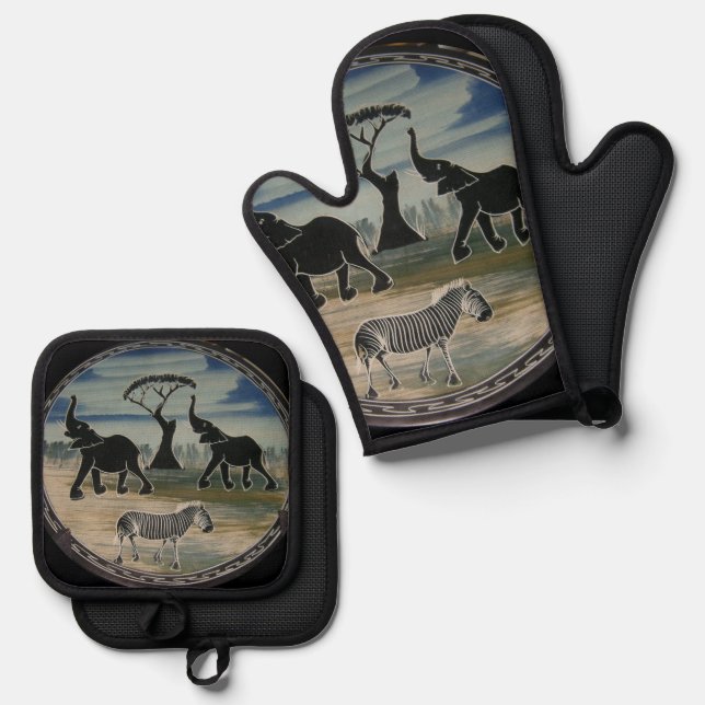 African Elephant Art Print Oven Mitt & Pot Holder Set (Front/Back)