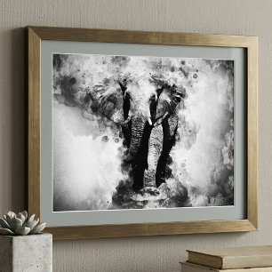African Elephant Black and White Watercolor Photo Print