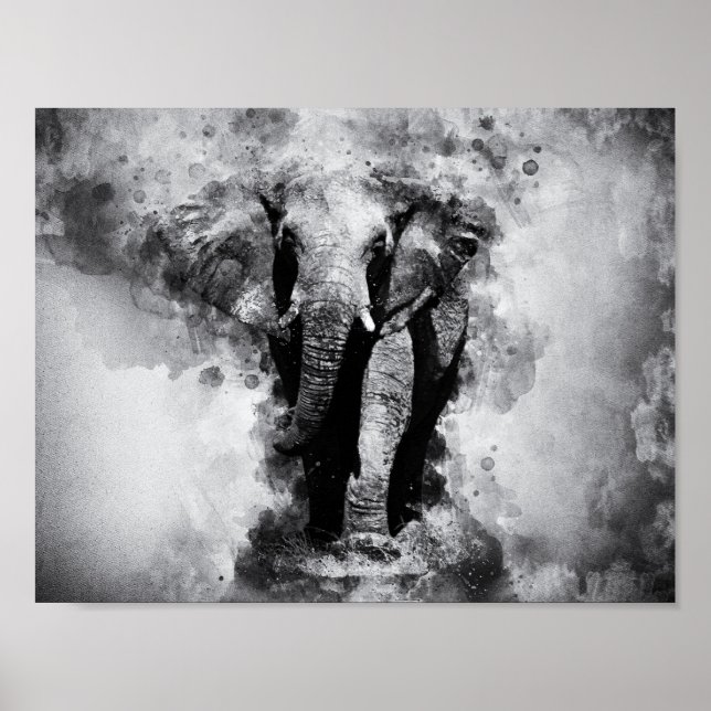 African Elephant Black and White Watercolor Poster (Front)