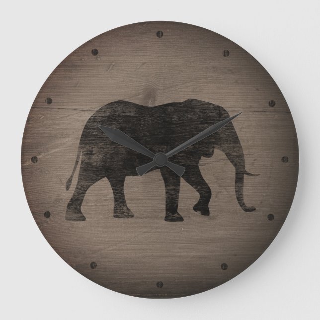 African Elephant Silhouette Rustic Style Large Clock (Front)