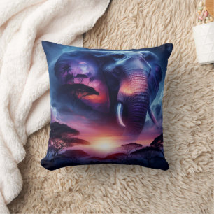 African Elephant Silhouette Sunset Safari Cushion