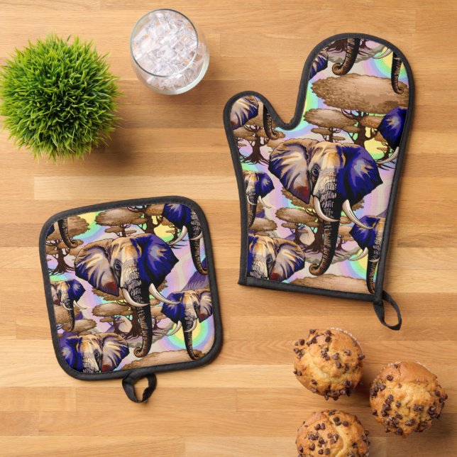 African Elephant Surreal Portrait  Oven Mitt & Pot Holder Set (Top Down)