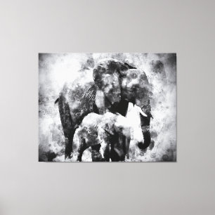 African Elephant with Calf Black and White Canvas Print