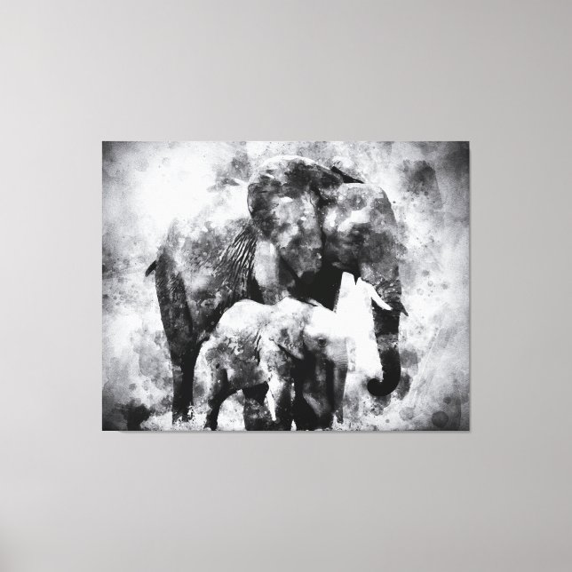 African Elephant with Calf Black and White Canvas Print (Front)