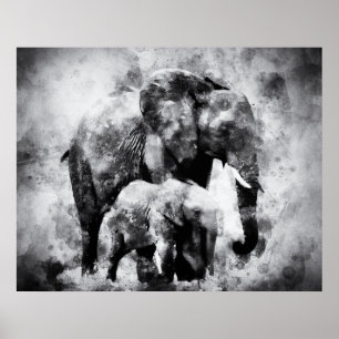 African Elephant with Calf Black and White Poster