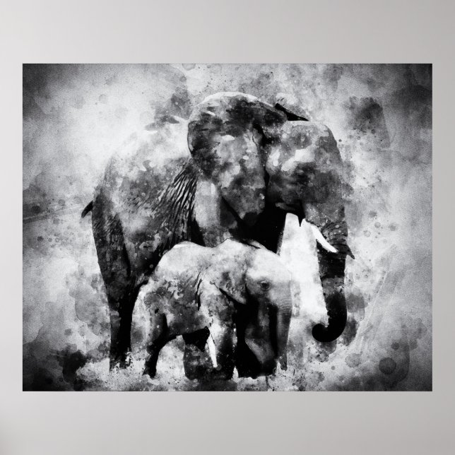 African Elephant with Calf Black and White Poster (Front)