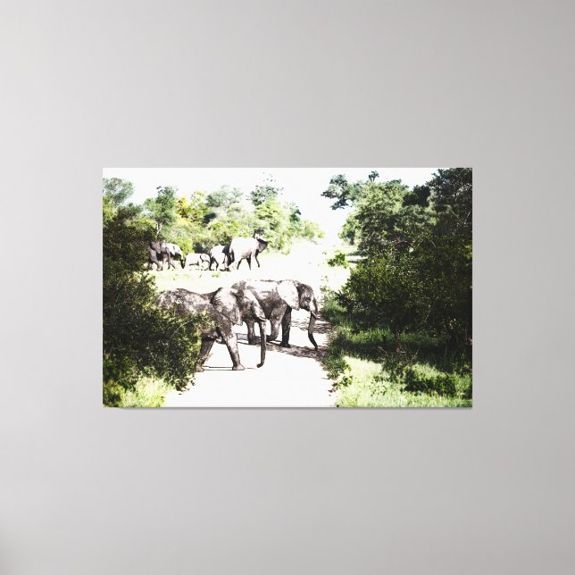 African Elephants Crossing The Road Canvas Print (Front)