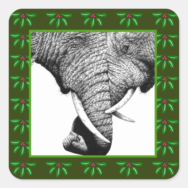 African Elephants Holly Leaf Christmas Sticker (Front)