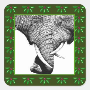 African Elephants Holly Leaf Christmas Sticker