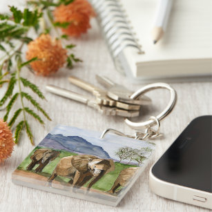 African Elephants Watercolor Painting Key Ring