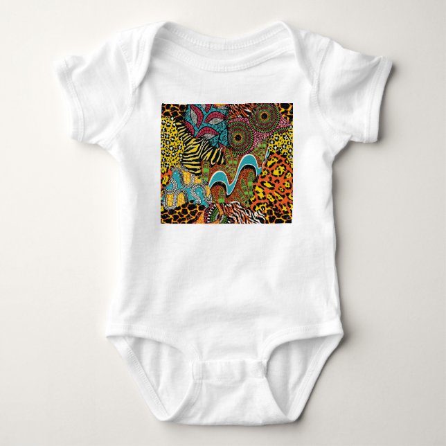 African Fabric: Wild Animal Patchwork. Baby Bodysuit (Front)