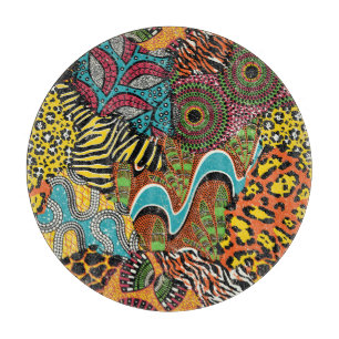 African Fabric: Wild Animal Patchwork. Cutting Board