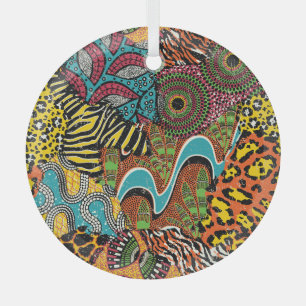 African Fabric: Wild Animal Patchwork. Glass Tree Decoration
