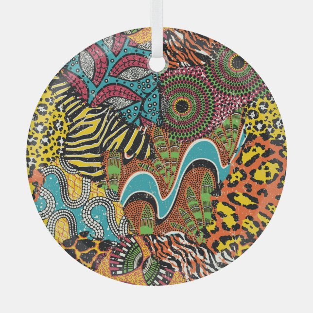 African Fabric: Wild Animal Patchwork. Glass Tree Decoration (Front)