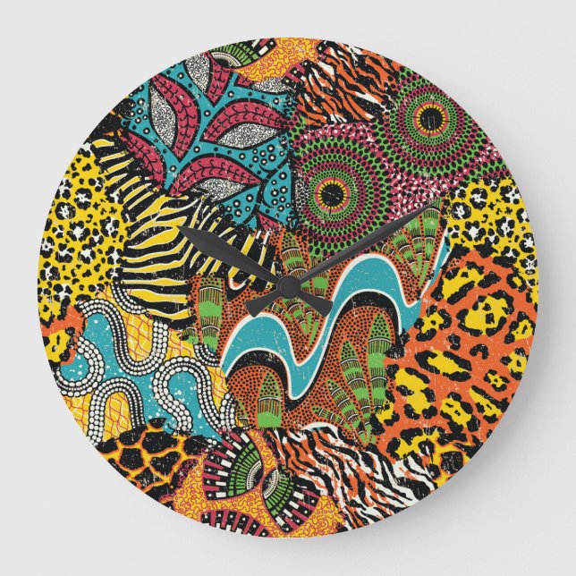 African Fabric: Wild Animal Patchwork. Large Clock (Front)