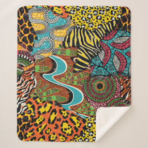African Fabric: Wild Animal Patchwork. Sherpa Blanket