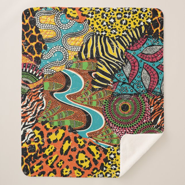 African Fabric: Wild Animal Patchwork. Sherpa Blanket (Front)