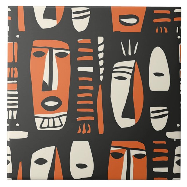 African Faces Orange, Black Ceramic Tile (Front)